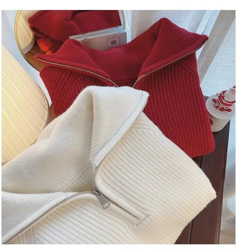 2024 Autumn New Korean Style Versatile Basics Half-zipper Loose Lapel Winter Long-sleeved Lazy Sweater Pullover Top