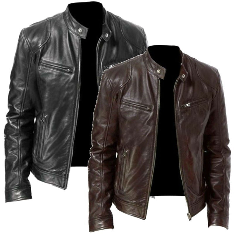 2023 Fashion Mens Leather Jacket Slim Fit Stand Collar PU Jacket Male Anti-wind Motorcycle Lapel Diagonal Zipper Jackets Men