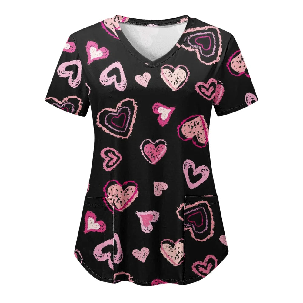 Tops Women Scrub Nurse Print Short Sleeve Cartoon V-Neck Tops Working T-Shirts Heart Print Healthcare Tunic Carers Workwear Tops
