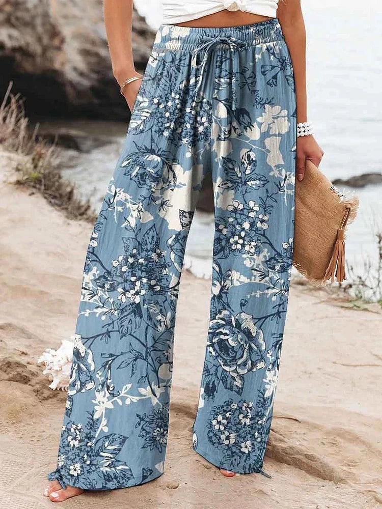 2025 New Women's Drawstring Relaxed-Fit Casual Pants 3D Floral Print Comfortable Breathable Fashionable Wide-Leg Pants