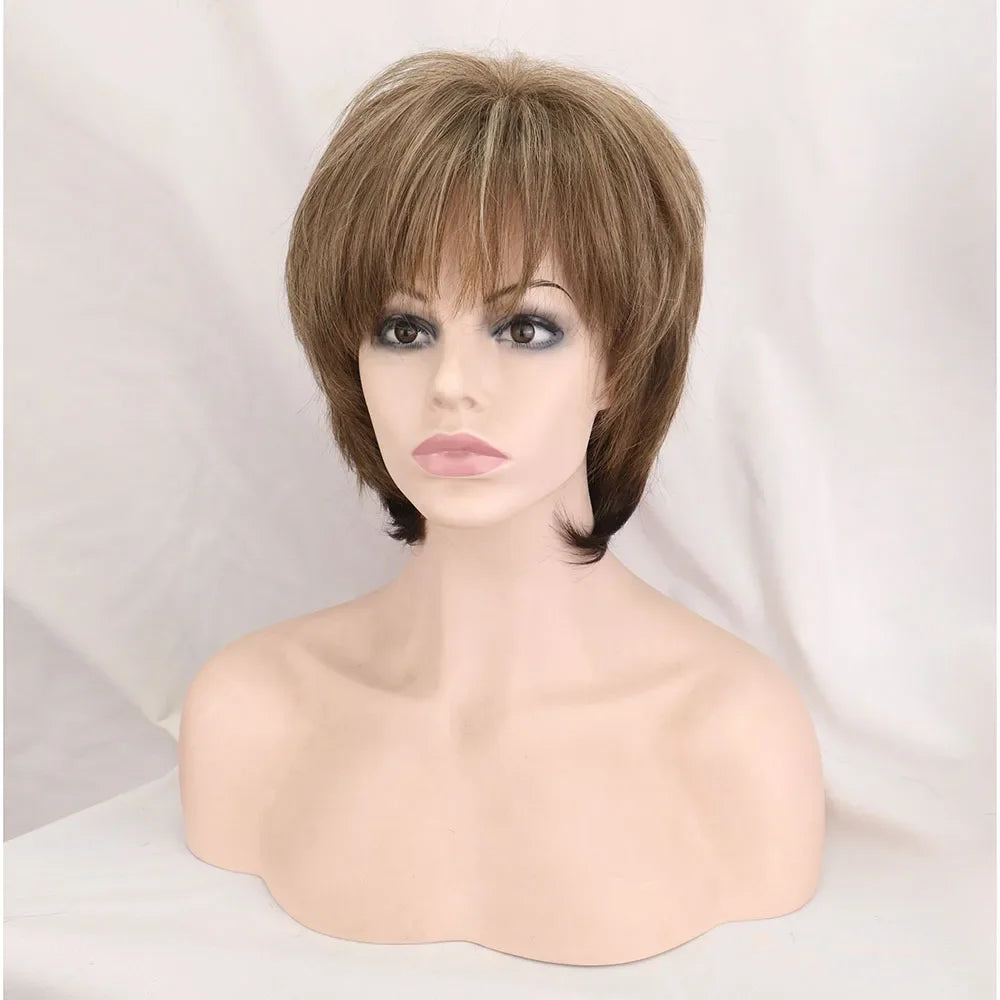 Short Brown Bob Wigs for Women Mixed Blonde Synthetic Natural Hair Wig