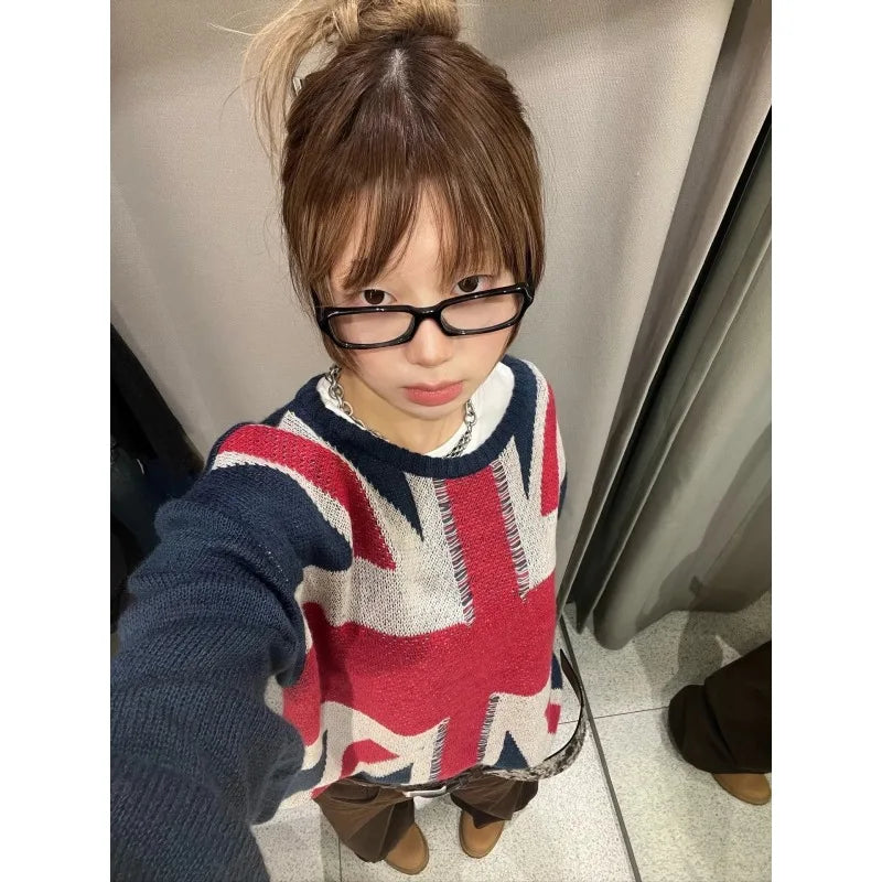 Y2K Unisex Union Jack Sweater, British Flag Graphic Long Sleeve Top, Casual Oversized Streetwear Knitted Jumper