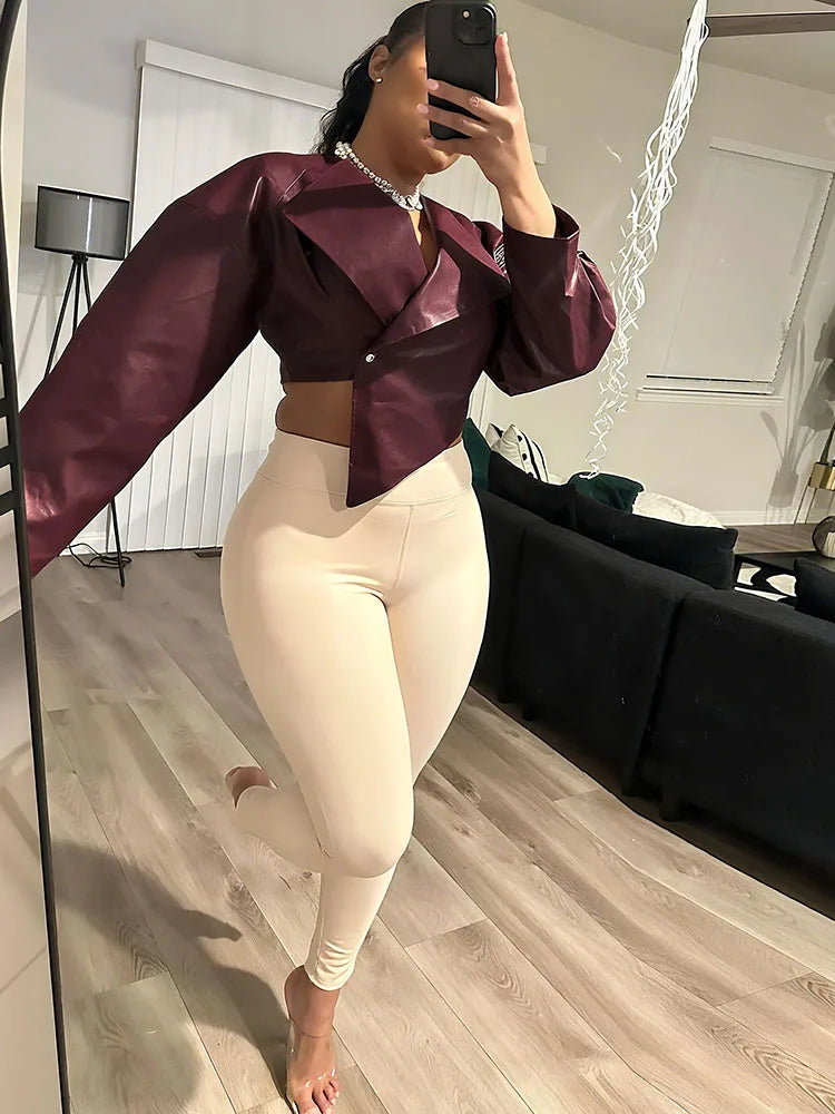 Weird Puss Faux Leather Crop Jacket Women Cross Neck Hipster Single Button Irregular Fall Trend Wild Basic Sexy Streetwear Coat