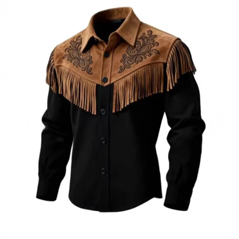 New Men's Tassel Fur Jacket, Western Denim Long Sleeved Jacket, Motorcycle Style Fashionable Patchwork Lapel Top, European Sizes