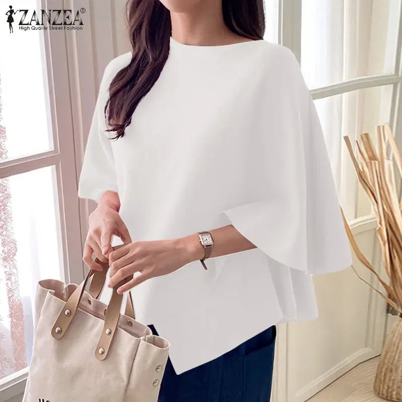 ZANZEA Women Fashion Blouse Chic 3/4 Sleeve Ruffle Hem Top Shirt 2025 Summer Round Neck Loose Blusa Elegant Irregular Work Tunic