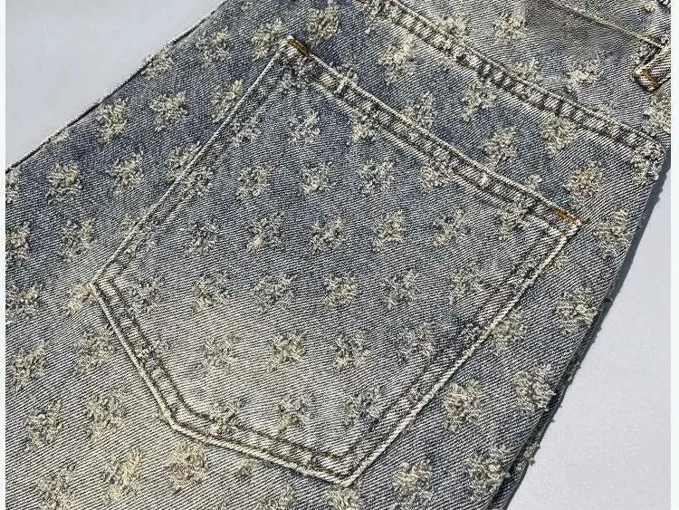 American Y2K Light Luxury Quality Retro Denim Shorts Summer Hip Hop INS Men Loose Shave Jacquard Couple Denim Five Point Pants