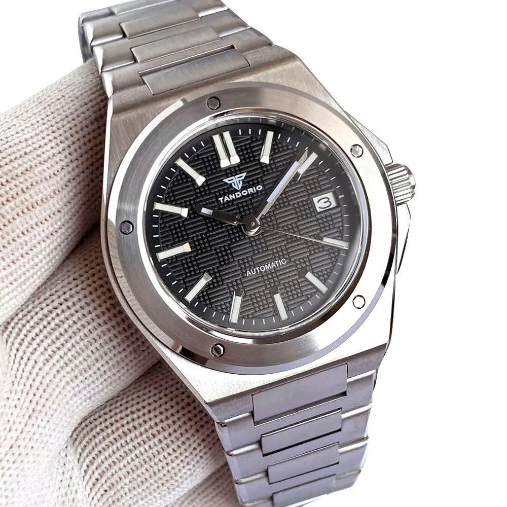 Tandorio NH35 Men Automatic Mechanical Watch Sapphire Crystal Glass 100m Waterproof Green Lume Black Square Block Dial Men Watch