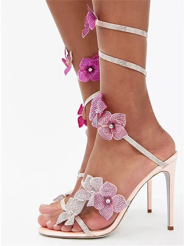 Aneikeh Sexy CRYSTAL Flower Narrow Band Ankle Strap Sandals Woman Thin High Heels Street Style  Pole Dancing Ladies Shoes