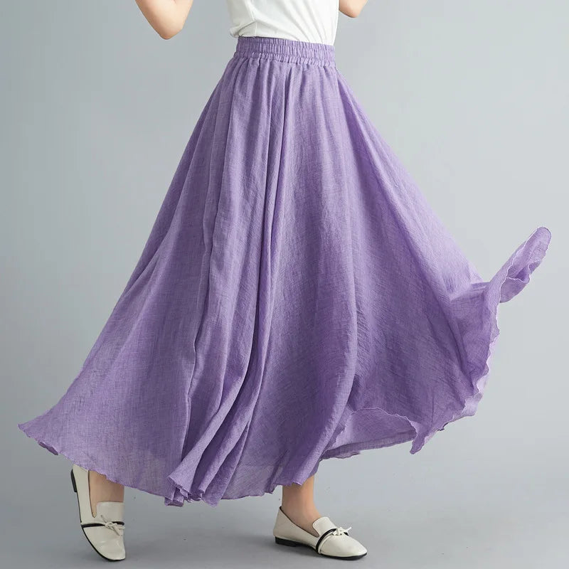 New 2020 Women Linen Cotton Long Elastic Waist Pleated Maxi Skirt Beach Vintage