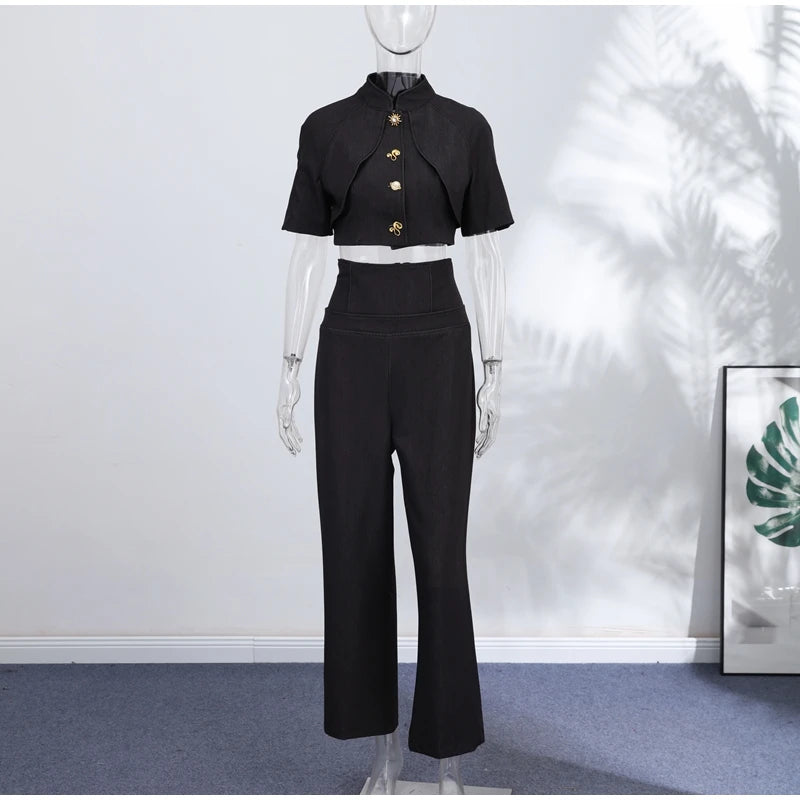 Women Denim Coat Pants Set Middle Sleeve Single Breasted Top Jackets High Waist Leg Loose Trouser Suit Lady Elegant Chic Sets