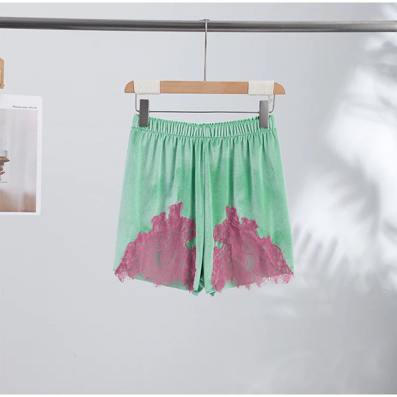 Green Velvet Lace Trim Shorts Women's Casual High-waist Straight Short Pants 2026 New Ladies Summer Vacation Beach Outfit