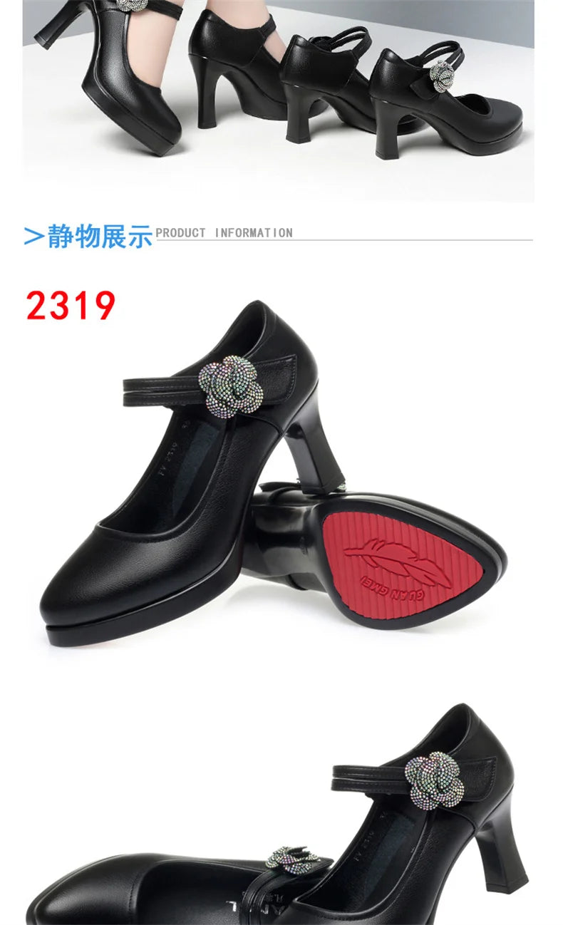 Women's Pumps Pointed Toe Office Soft Leather Flower Buckle Strap Platform High Heels Four Season Shallow Mouth Single Shoes