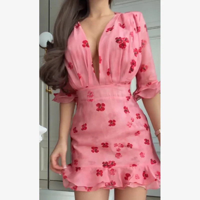 Chic Ruffle Print Slim Fit Dress Women Chic Flared sleeves V-neck Pleated Short Dresses 2026 Lady Summer Casual Daily Vestidos BAZAARHUBO