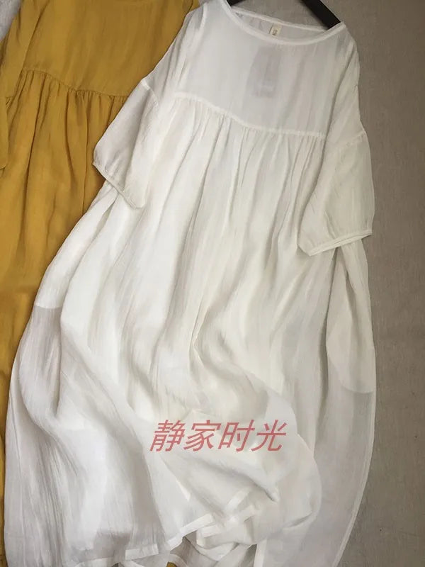 2024 Women Summer Cotton And Linen Pleated Double Layered Robe Casual Loose Half Sleeve Dress Ladies Holiday Clothes X1041