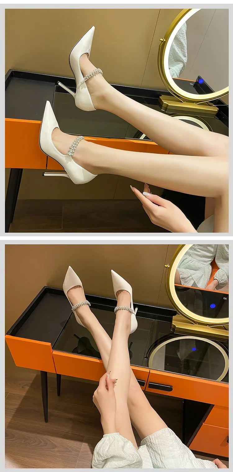 Spring 2025 New French Rhinestone Pointed White High Heels Temperament Patent Leather Shoes Women Wedding Pumps