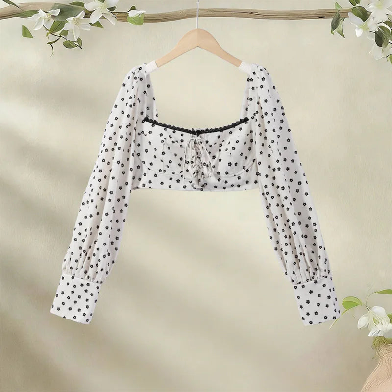 Fashion Women's Polka Dot Long Skirt Set Square Neck Lantern Sleeve Lace Crop Top High Waist A-line Skirts 2026 Summer Lady Suit