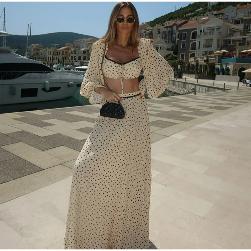 Elegant Female 2 Piece Skirt Set Polka Dots Printed Suit Cropped Short Sleeves Square Neck Top Slit High Waist Skirt Vintage Set