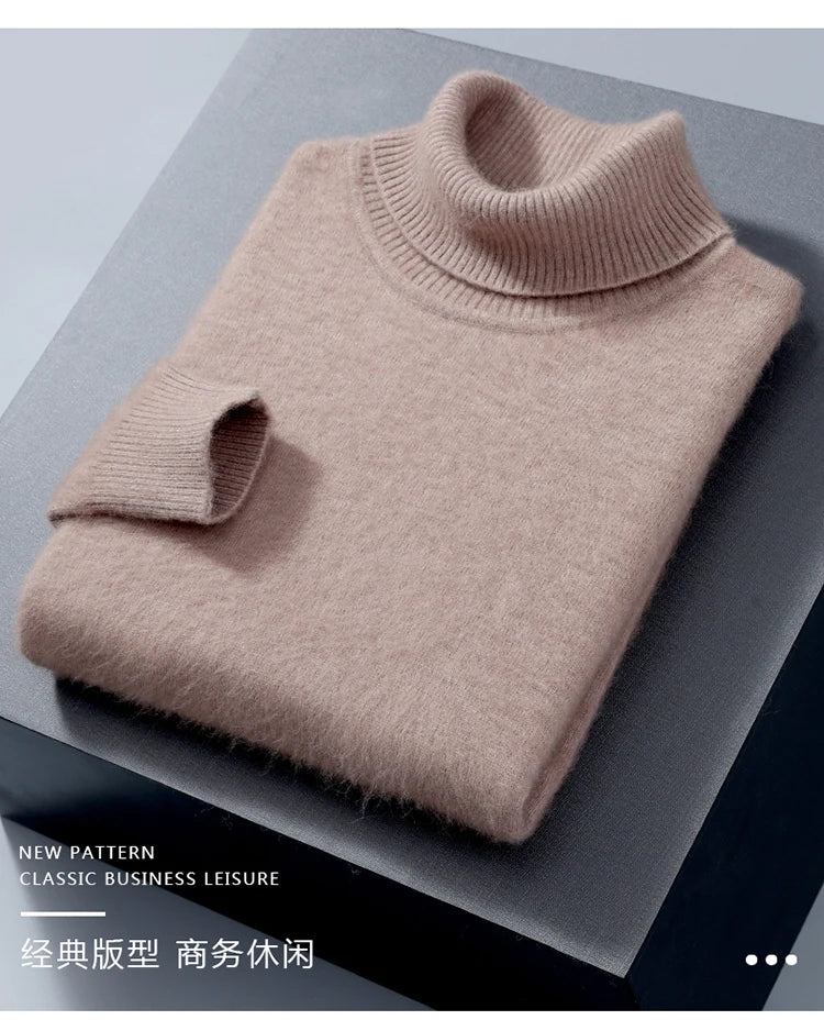 Men's 100% Mink Cashmere Sweater High Lapel Thick Knitted Pullover Casual Large Size Middle-Aged Sweater Autumn Winter New Tops