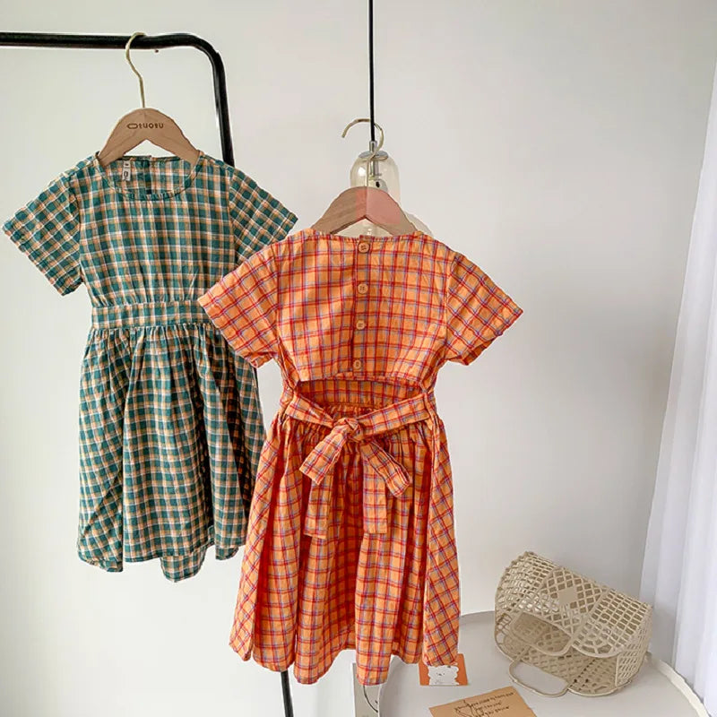 Summer Casual Baby and Girls Cotton Plaid Single-Breasted Short-Sleeved Lace Up Back Dress Kids Lovely Outfit Clothing 2-8 Years