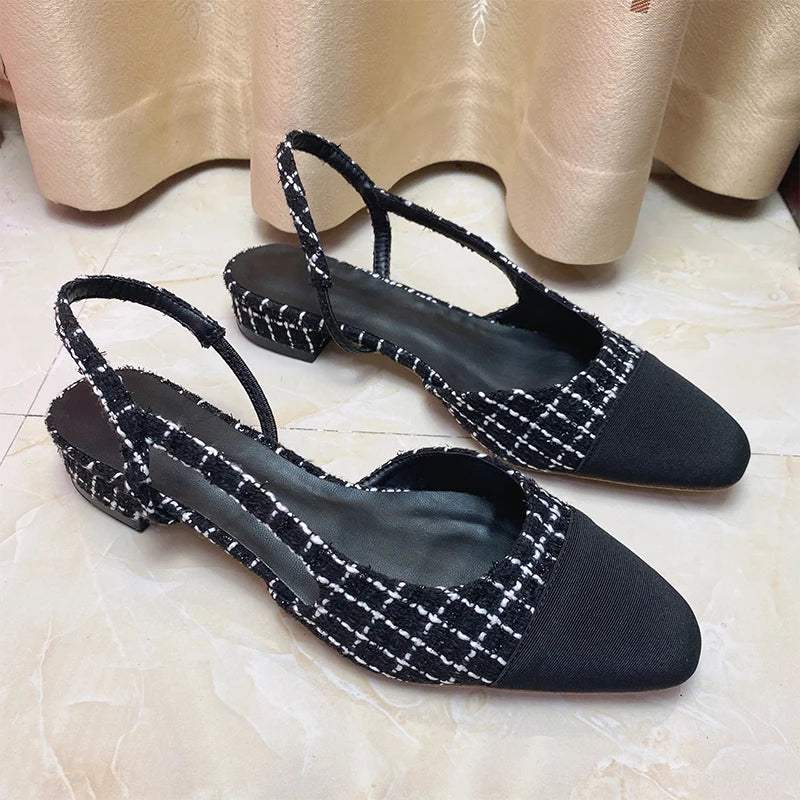 2023Spring Autumn Fashion High Heels Sandals Women's Dress Square Toe Slingback Shoes Women's Color Block Back With Flat Sandals