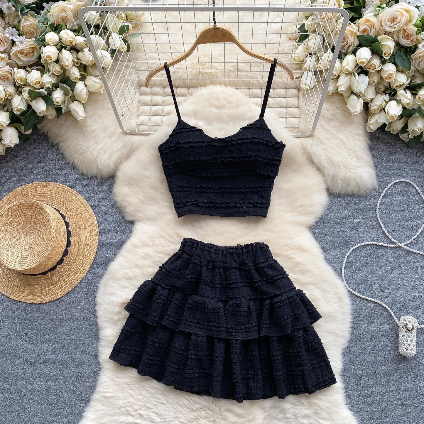 Sexy Two Pieces Sets Forwomen Chic Sexy Short Straps Tank Top with High Waist Mini Skirt Suit Summer Sweet Pleated Skirt