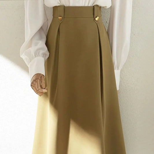 Khaki Skirt Women's Midi Skirt Draped High Waist Slim and Loose Design Suit Skirt