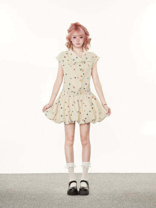 Korean Design Star Print Summer Dress Women's Flounce Sleeve A-Line Short Skirt Slimming Casual Print Dress Fly Sleeve