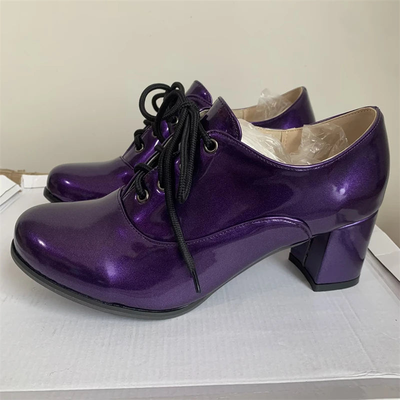 Women's Purple High Heels Loafer Shoes Fashion Lace-up Black White Block Heeled Party Wedding Office Shoes Female Big Size 45