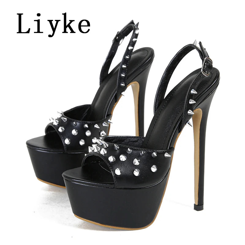 Liyke Brand Design Metal Rivet Open Toe Pink High Heels Platform Sandals For Women Summer Fashion Back Strap Party Dress Shoes
