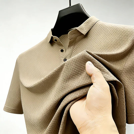 Men's Solid Color Short Sleeve Polo Shirt With Waffle Weave Design Fashionable Turn Down Collar Base Layer Ideal  Hiking Running