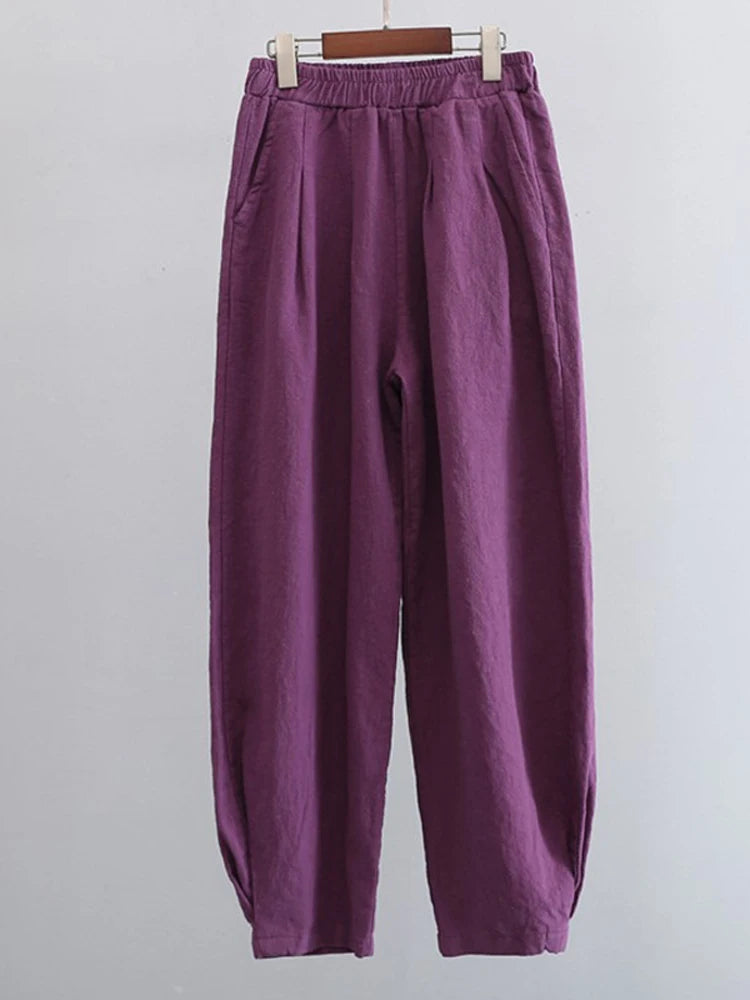 Johnature Women Loose Cotton Linen Casual Pants Solid Color Elastic Waist Lantern Pants 2025 Spring New Female Trousers