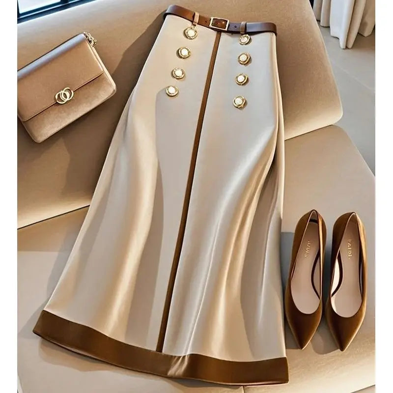 New Elegant Offie Lady Skirt Women Fashion Design Beaded Double-breasted High Waist A-line Patchwork Skirts Jupe with Belt BAZAARHUBO