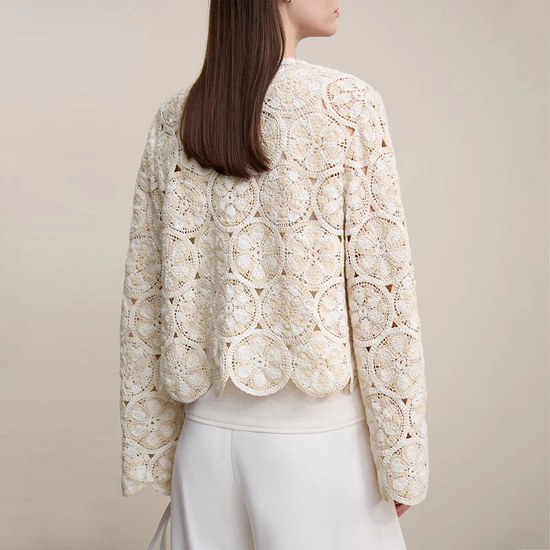 Amii Women Jackets 2026 Spring New Elegant Round Neck Hollow Crochet Jacket Women's Loose Short Cotton Long Sleeve Tops 12621069