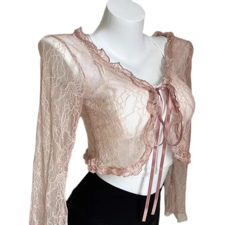 Shirts Women Lace New Summer Sunscreen French Style Cropped Designed Sweet Gentle Elegant Office Lady Sexy Popular Chic Vintage