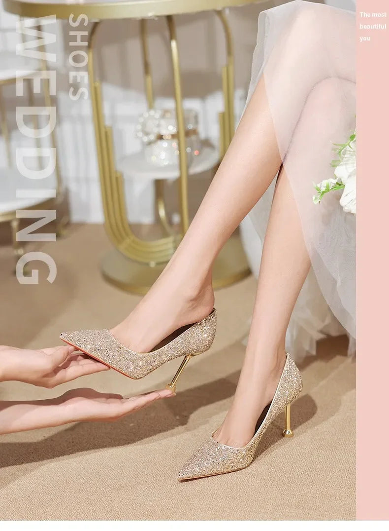 2025 New Women Pumps High Heel Metal Pointed Toe Shallow Sexy Ladies Bling Bridal Wedding Women Shoes White High Heels
