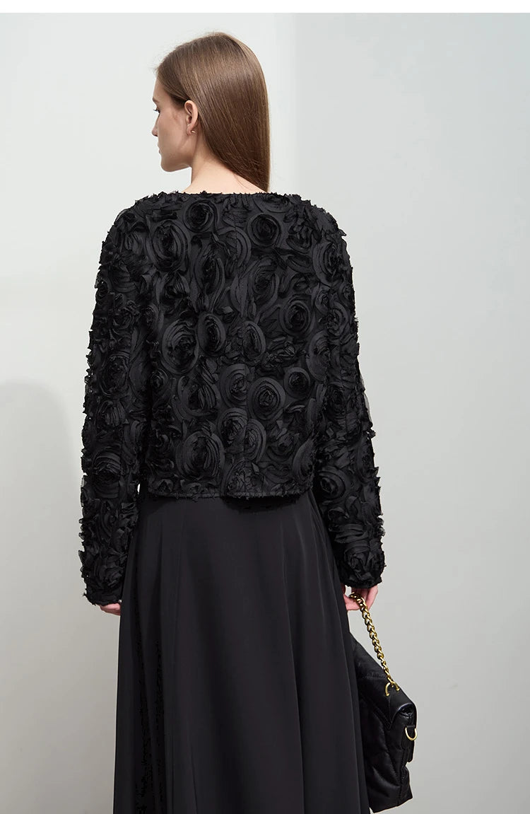 AMII Minimalism Short Jacket Women 2025 Autumn Elegant Floral O Neck Coat