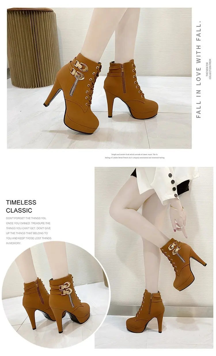 Women High Heels Stiletto Ankle Boots 2025 Autumn Fashion Lace-up Side Zipper Boots Female Platform Solid Color Short Booties