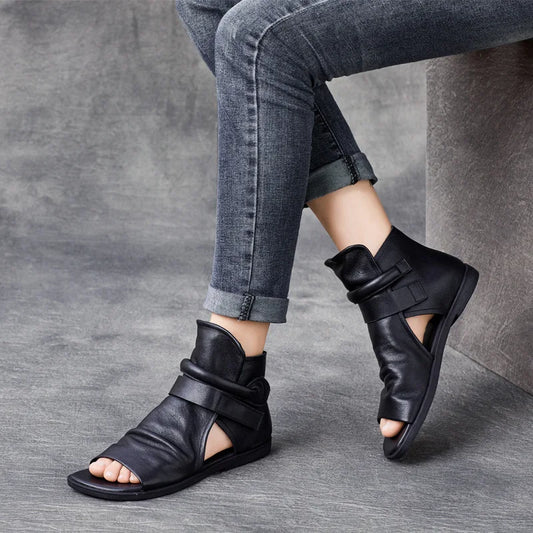 Summer Genuine Leather Cool Boots Women's Vintage Flat Bottom Sandals Women's Topcoat Cowhide Open Toe Zipper Thick Sole Ro