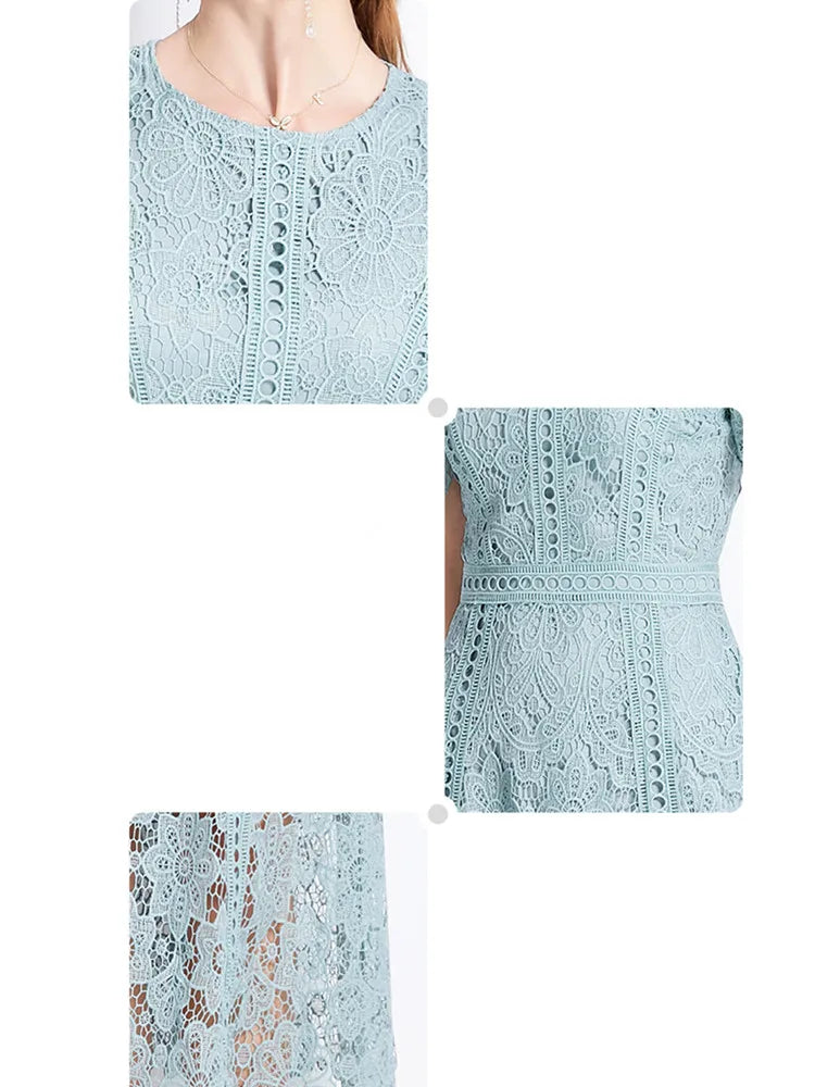 SMTHMA Vintage High-End O-Neck Short Sleeve Lace Hollow Out Dress For Women's Summer Slim Elegant Long Dress Female Clothing