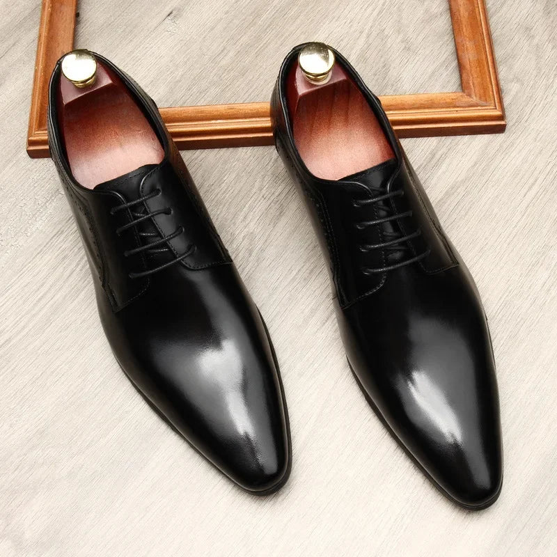 Leather shoes for men, lace up shoes for men, pointy, leather, high-end wedding, dress, Oxford, Lefu shoes, large, British style