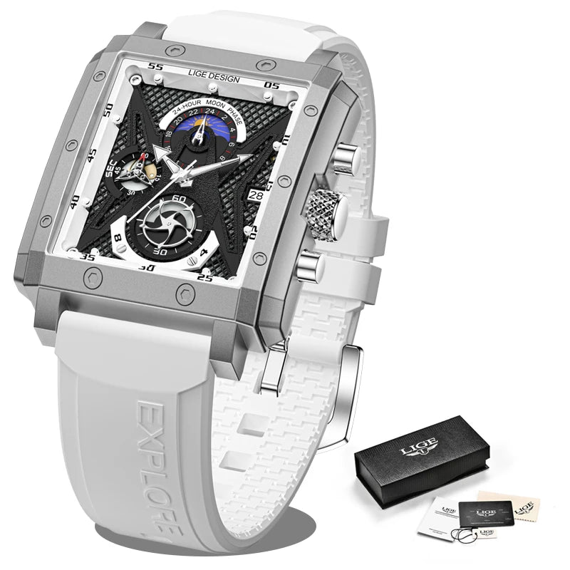 LIGE New Fashion Mens Watches Top Brand Luxury Silicone Quartz Watch For Men Waterproof Chronograph 24 Hour Moon Phase Clock+Box