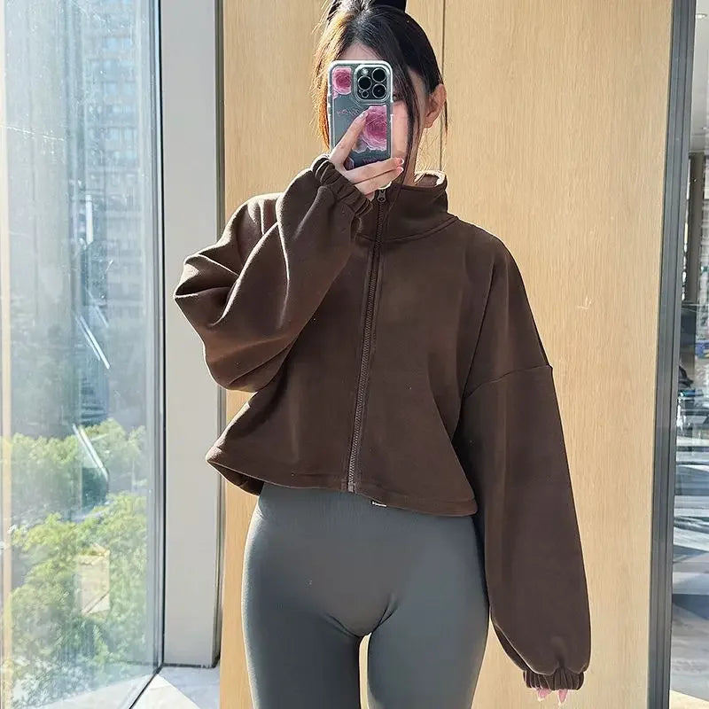 Women Loose Cropped Jacket Loose Zipper Sweatshirt Y2k Long Sleeve Coat Cardigan Sportswear Streetwear Drawstring Tops Clothing
