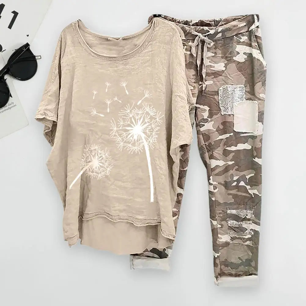 Trendy Women T-shirt Pants Set Half Sleeves Two Piece Suit Women Summer Outfit Plus Size Elastic Waist Sports Outfit