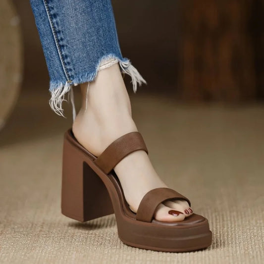 Meotina Ladies Square Toe Platform Block High Heels Slide Ladies Fashion Casual Slippers Summer Spring 40