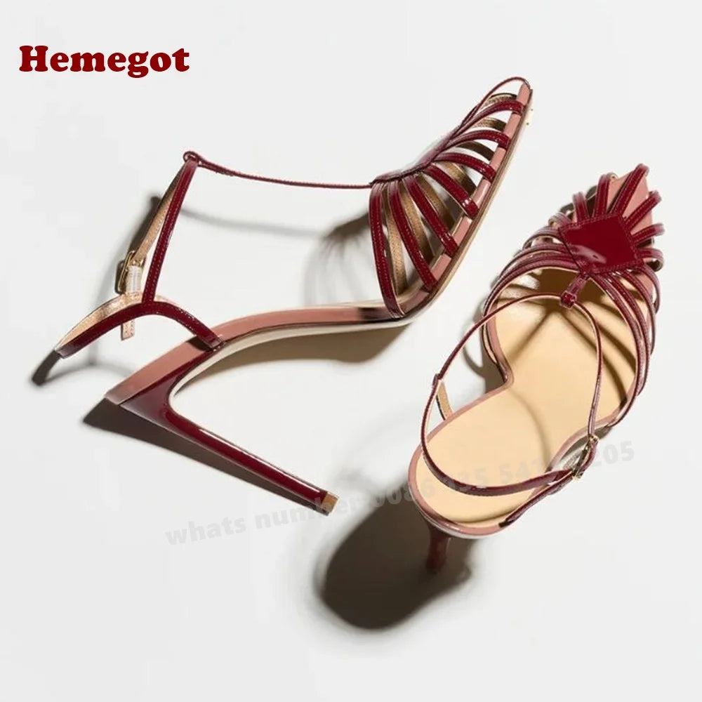Cut Out T-Strap Sandals Pointy Toe Stiletto Slingback Buckle Women's Sandals Thin High Heels Sexy Splicing Party Shoes Summer