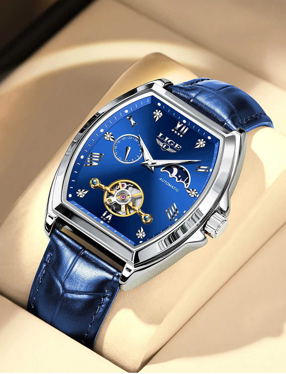 LIGE Luxury Mens Rectangular Dial Mechanical Watches Waterproof Leather Automatic Luminous Watch Business Men relogios masculino