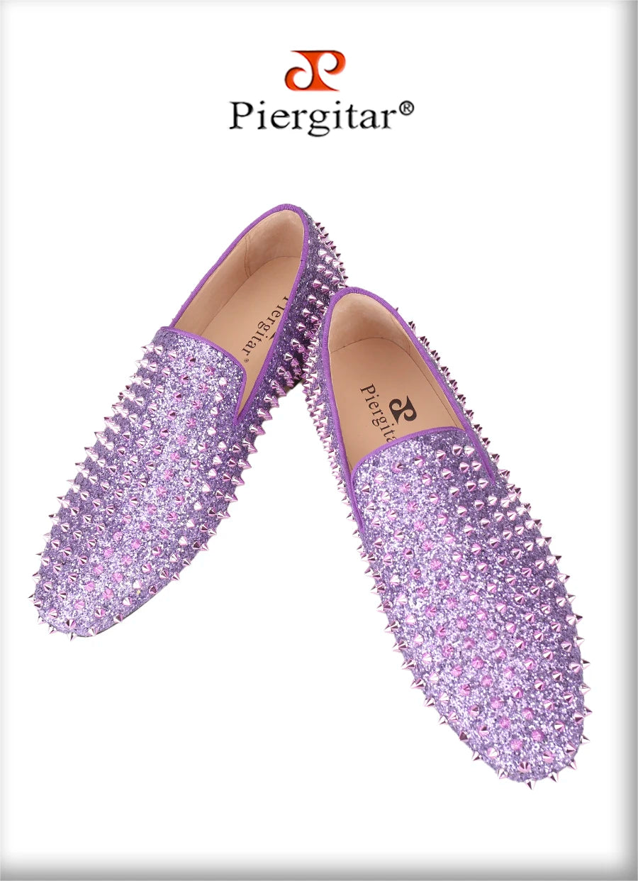 Piergitar Handmade Purple Spikes Men's Loafers For Party and Banquet Wear CL Same Classic Model Red Outsole Slip-On Flats