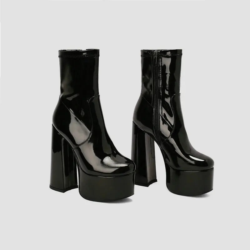 New Lacquer Leather Autumn and Winter Short Boots Women's Thick High Heels Sexy Short Tube Large Fashion Short Boots