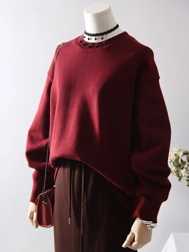 Oversize Burgundy Womens O Neck Knitwear Sweater Warm Winter Pullover