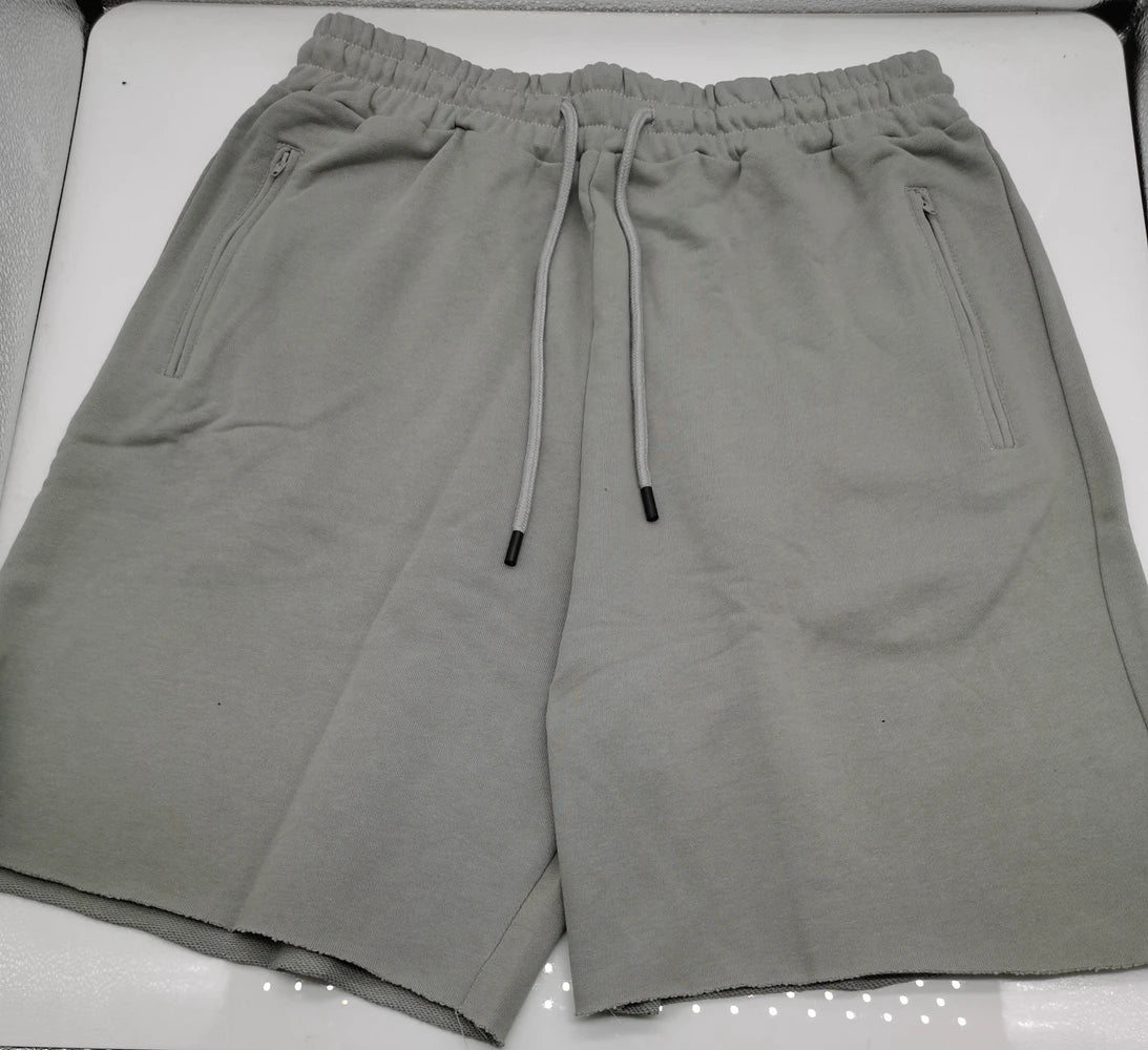 Men Cotton Shorts Thick 380g Bodybuilding Short Sweatpants Fitness Jogger Gym Men Kanye Grey West Shorts Black Zipper Pockets